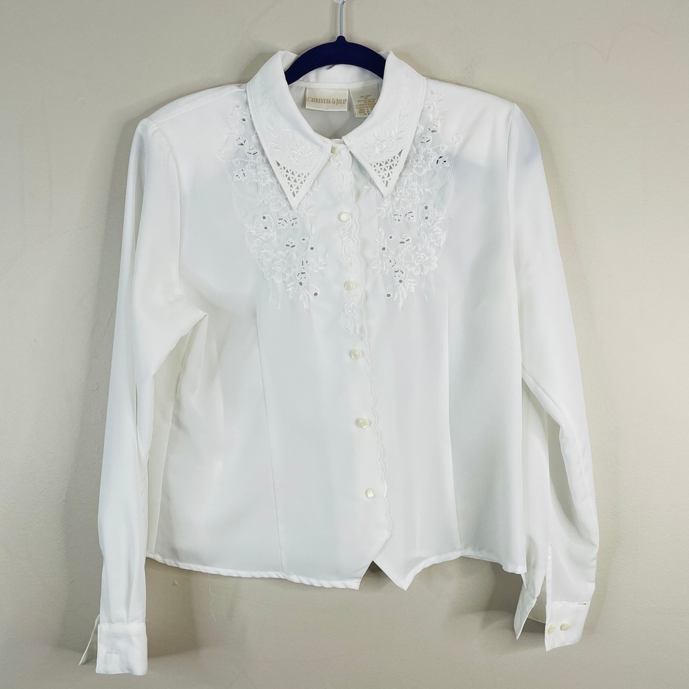 Vintage Lace Detail Cottagecore Blouse Women 10 Button Up Battenberg Modest Twee